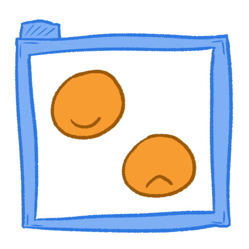 Two simple faces, one happy and one sad, inside of a transparent blue folder.